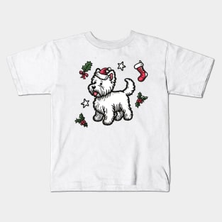 Westie Christmas Design - West Highland Terrier Santa Hat - Cartoon Dog Holiday Drawing Kids T-Shirt